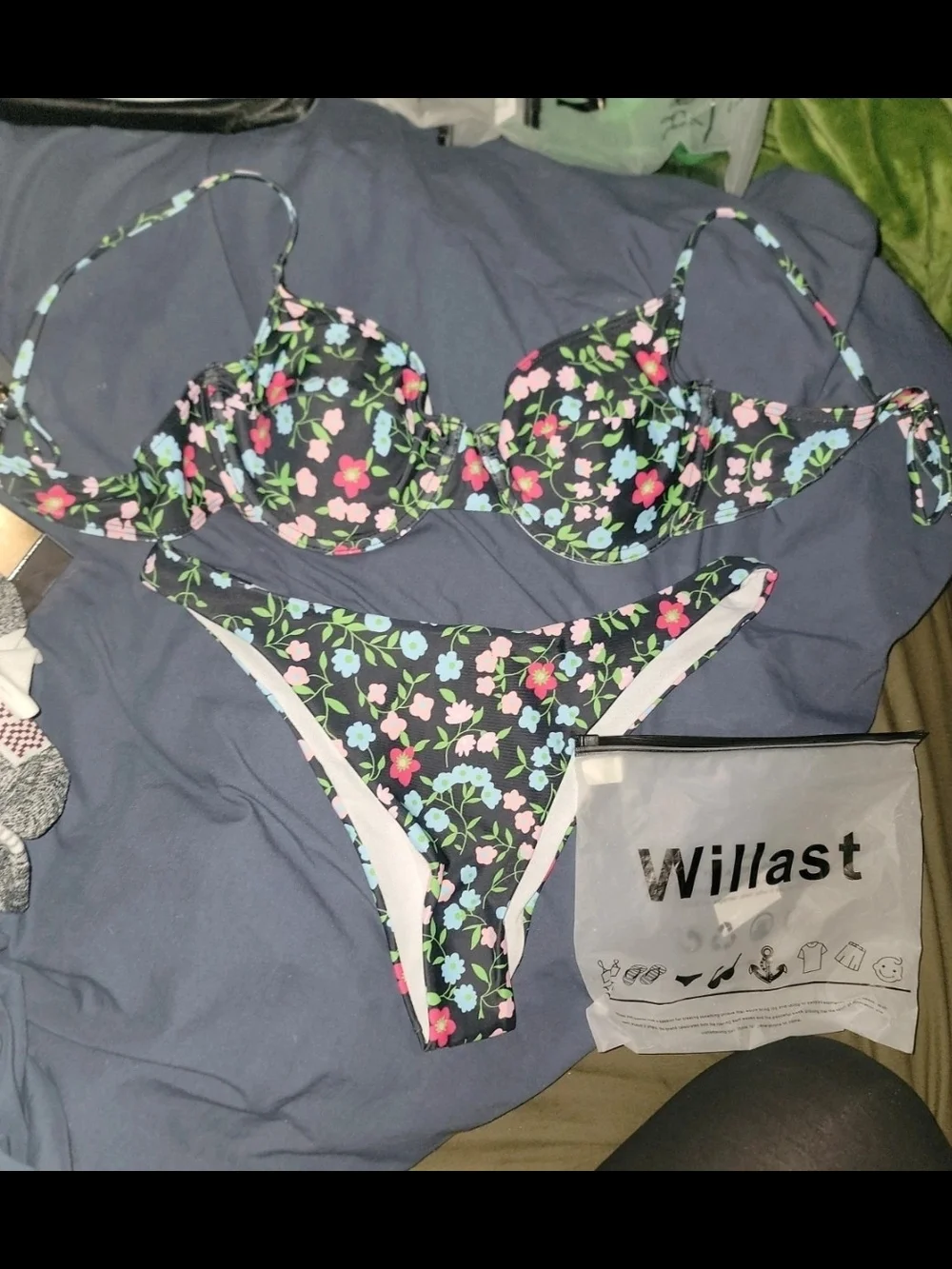 Black Floral Two-Piece Swim Set with Pink & Light Blue Flowers Size Medium